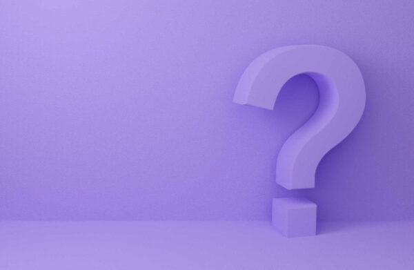 A large, three-dimensional purple question mark stands against a matching purple background.