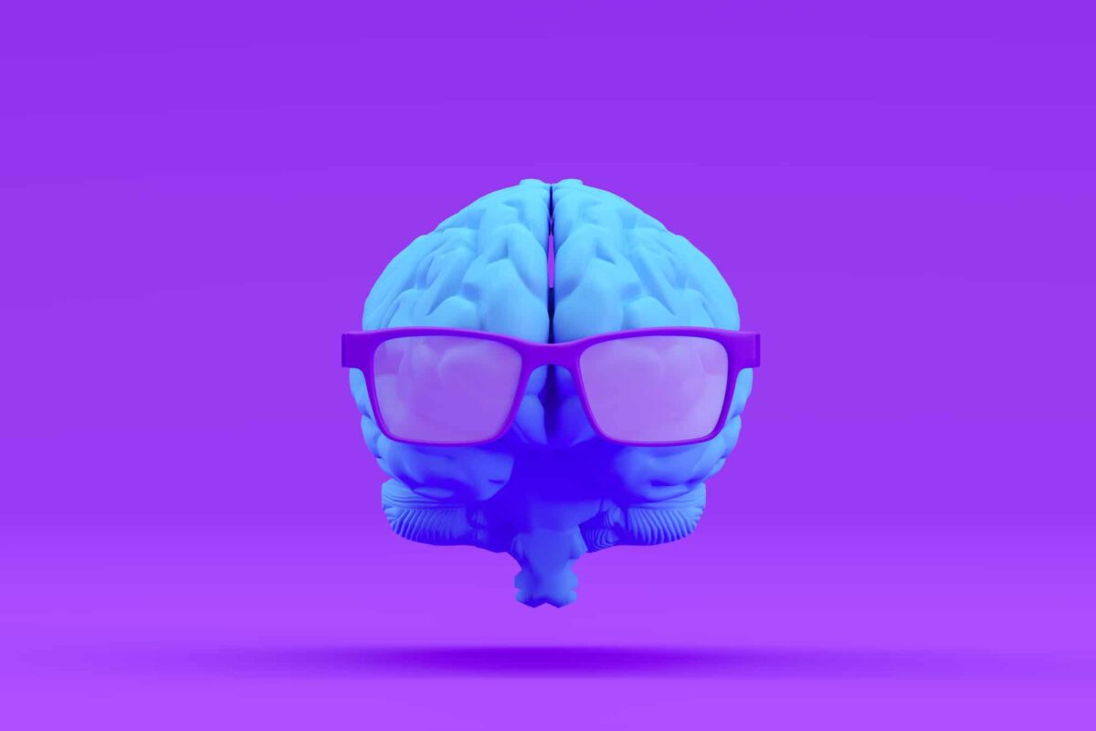 A blue human brain wearing large sunglasses is set against a solid purple background.