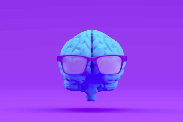 A blue human brain wearing large sunglasses is set against a solid purple background.
