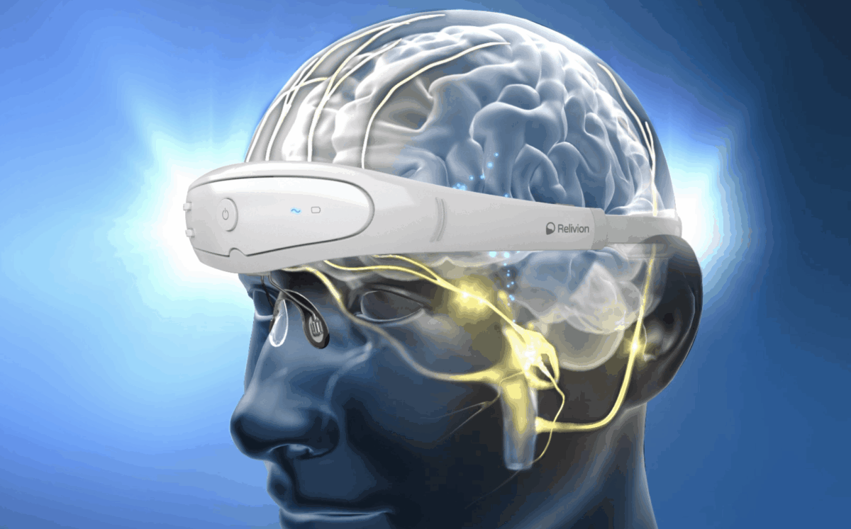 Illustration of a person wearing a white brain stimulation headset with visualized nerves and brain activity highlighted in a blue-toned background.