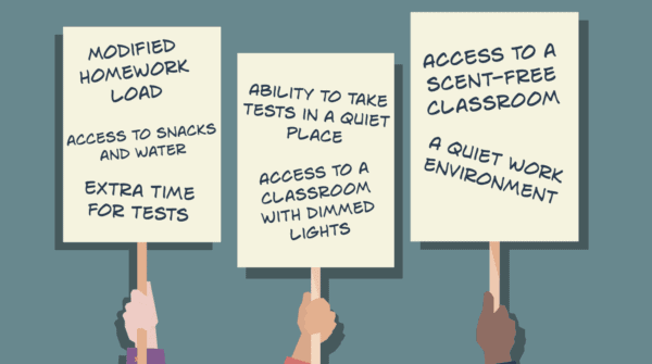 Three hands hold signs listing classroom accommodations, including modified homework, quiet test spaces, dimmed lights, scent-free classrooms, snacks, water, and extra test time.