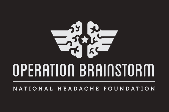 Logo with a brain and winged puzzle piece design above text reading "Operation Brainstorm, National Headache Foundation" on a black background.