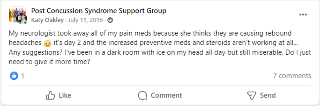 A Facebook post in a support group describes a person’s struggle with rebound headaches after stopping pain meds and asks for advice, mentioning using ice and staying in a dark room.