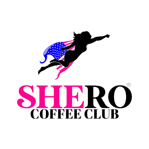 Logo for SHERO Coffee Club featuring a silhouette of a flying woman with a waving American flag cape above bold pink and black text.