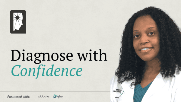 NHF Insights™ episode graphic. On a light gray background, large text reads “Diagnose with Confidence,” with “Confidence” in teal italics. The National Headache Foundation logo sits above the text. On the right is a photo of family nurse practitioner Dr. Tanesha Kemble. Along the bottom: “Partnered with: AbbVie, Amneal, Pfizer.