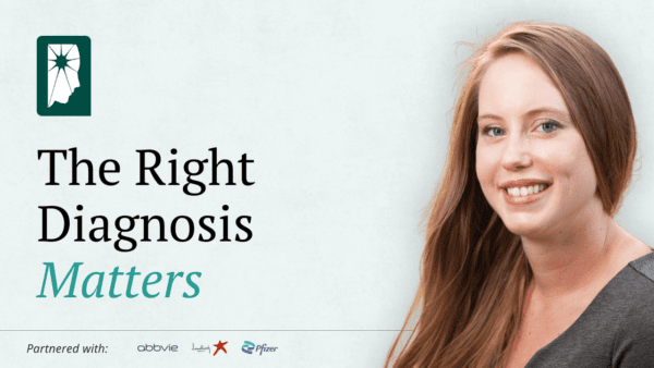 NHF Insights™ episode graphic. On a pale blue-gray background, large text reads “The Right Diagnosis Matters,” with “Matters” in teal italics. The National Headache Foundation logo sits above the text. On the right is a photo of a patient advocate Ashley Hattle. Along the bottom: “Partnered with: AbbVie, Lundbeck, Pfizer.