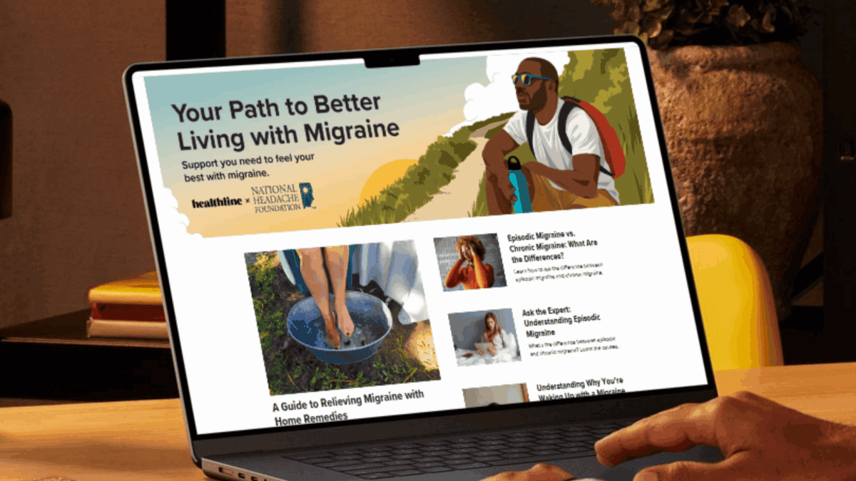 A laptop screen displays a webpage titled "Your Path to Better Living with Migraine" with articles and images about migraine relief and management.