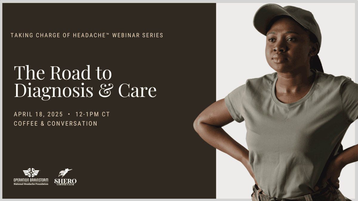 A woman in a grey shirt and cap stands with hands on hips next to text promoting a headache webinar titled "The Road to Diagnosis & Care," scheduled for April 18, 2025.