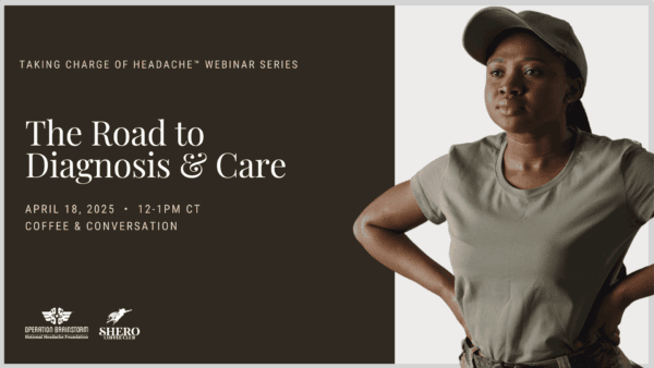 A woman in a grey shirt and cap stands with hands on hips next to text promoting a headache webinar titled 