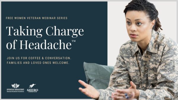 A woman in military uniform speaks with hands gesturing; text promotes a women veteran webinar on managing headaches, inviting families and loved ones.