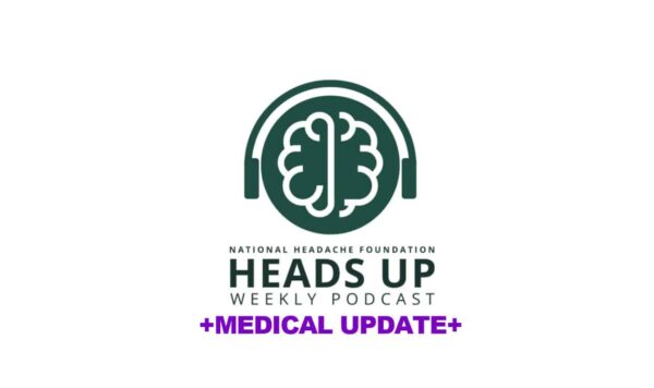 Logo for the National Headache Foundation Heads Up Weekly Podcast featuring a brain in headphones, with the text 